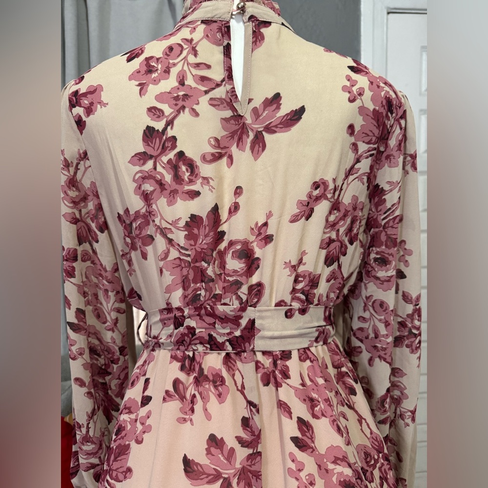 Floral Belted Long-Sleeve Dress in Blush Pink